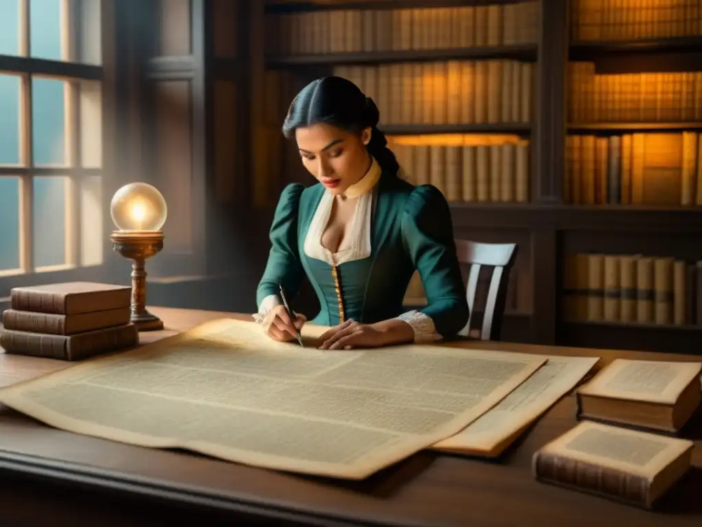 Un genealogista del siglo XIX examina documentos en una habitación llena de libros antiguos y mapas, iluminada por la luz del sol