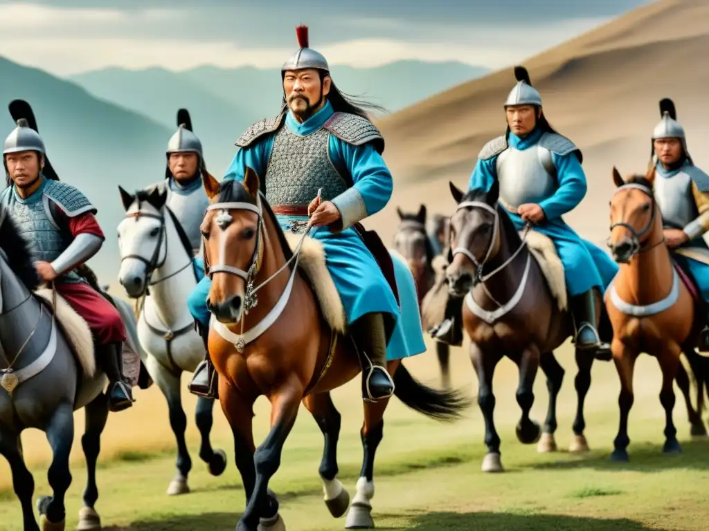 Genghis Khan lidera su ejército en batalla, rodeado de guerreros mongoles y un paisaje épico