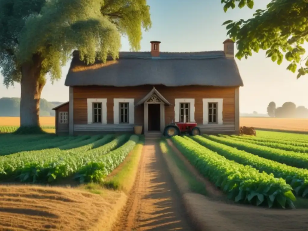 Una granja rústica con campos verdes, un escudo de armas y retratos familiares