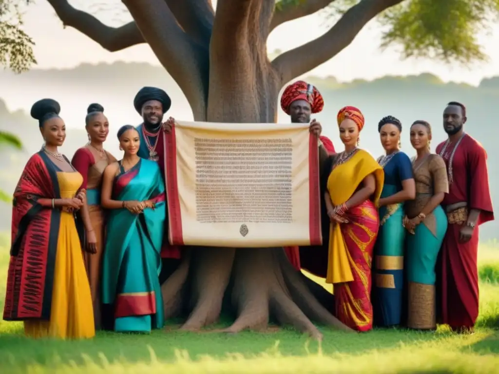 Un grupo de africanos en torno a un árbol ancestral, vestidos de forma colorida y sosteniendo pergaminos con historia de apellidos africanos