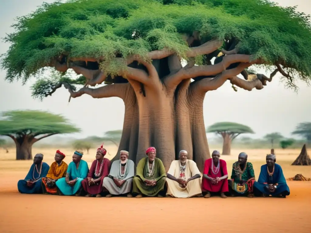 Un grupo de ancianos africanos bajo un baobab ancestral, con historias de origen y supervivencia en sus rostros