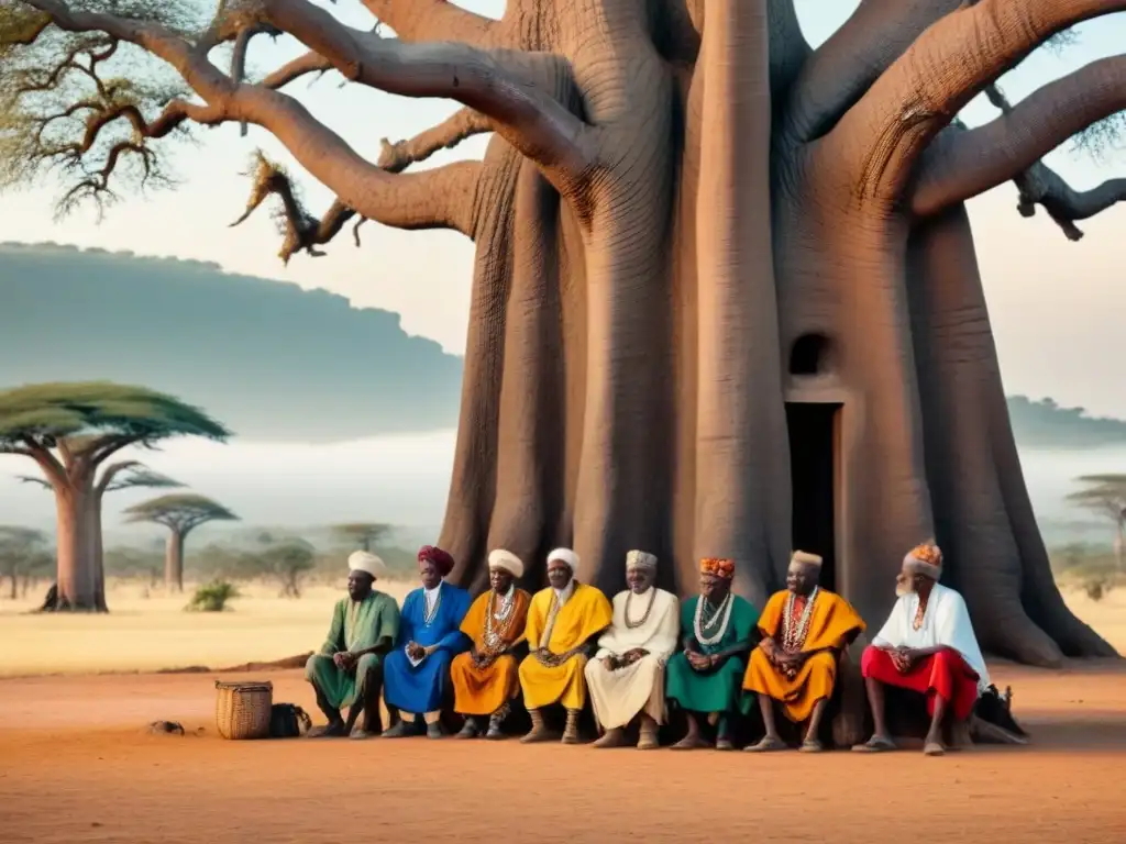 Un grupo de ancianos africanos bajo un Baobab, reflejando sabiduría y experiencia