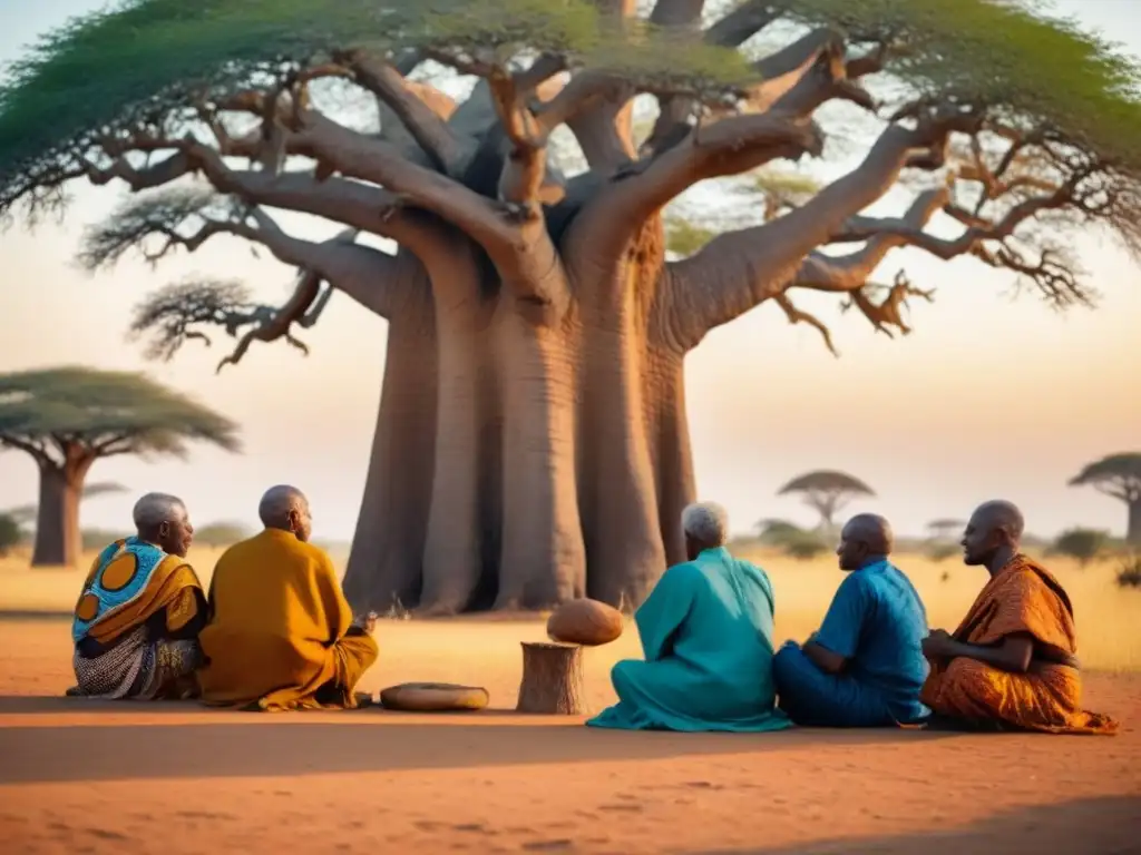 Un grupo de ancianos africanos bajo un baobab, examinando pergaminos con árboles genealógicos detallados al atardecer