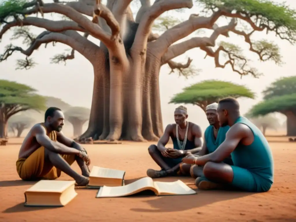 Un grupo de ancianos africanos bajo un baobab, explorando genealogía africana online