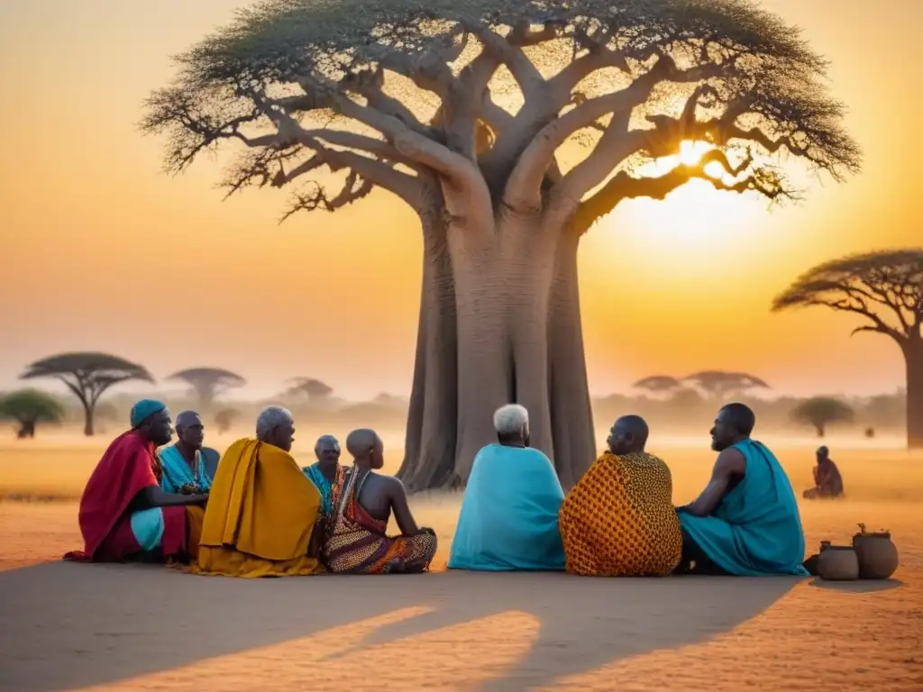 Grupo de ancianos africanos bajo baobab, con sabiduría en rostros, discutiendo