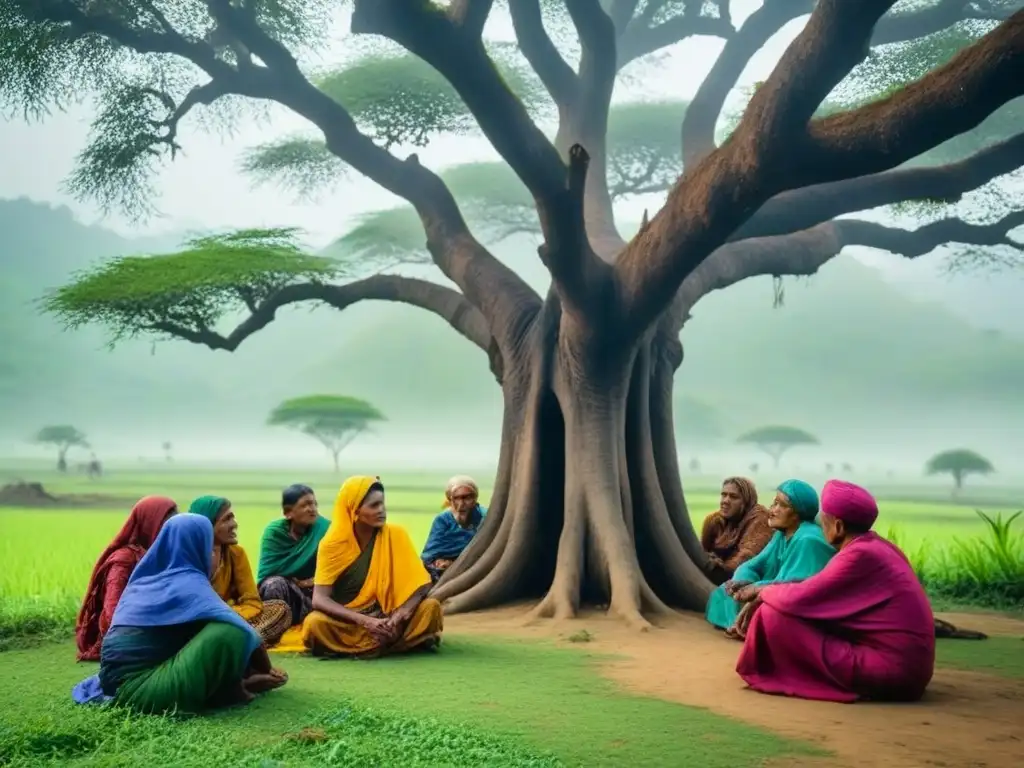 Un grupo de ancianos rohingya bajo un árbol antiguo en una aldea rural