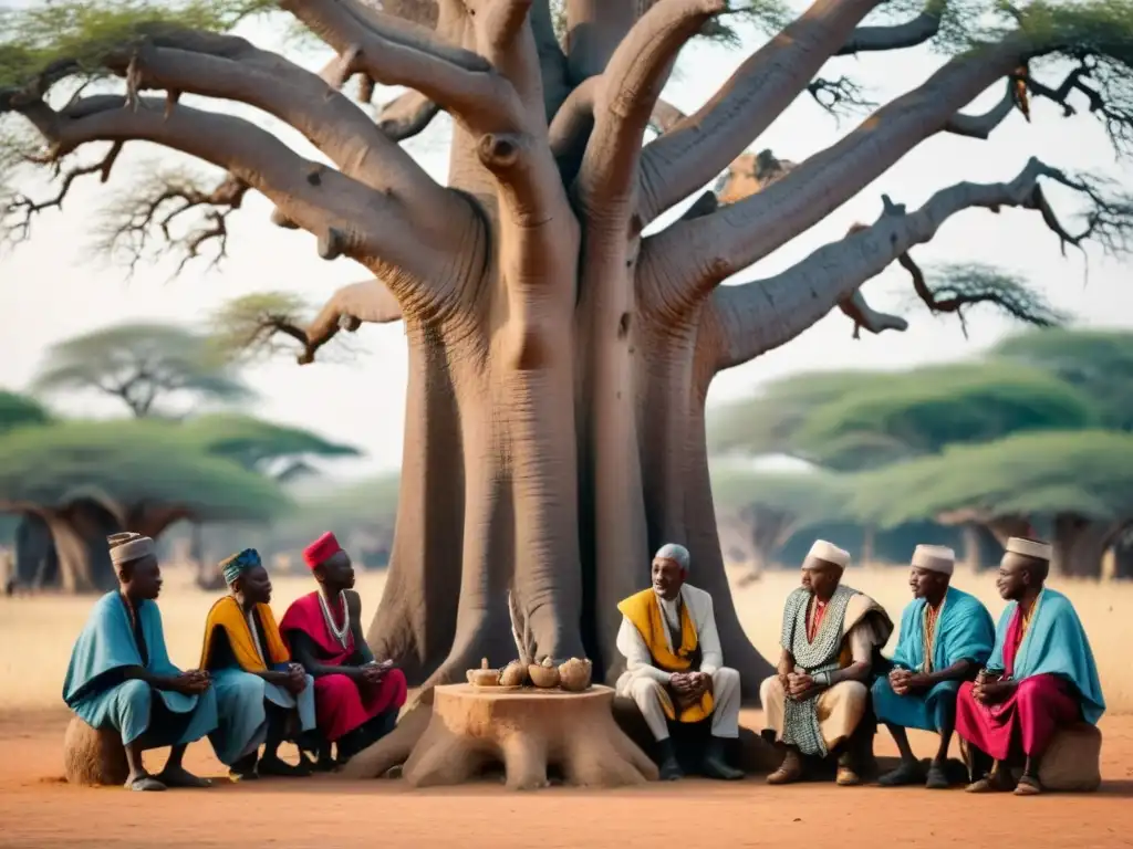 Grupo de ancianos bajo un baobab en África, discutiendo linajes perdidos con técnicas genealógicas