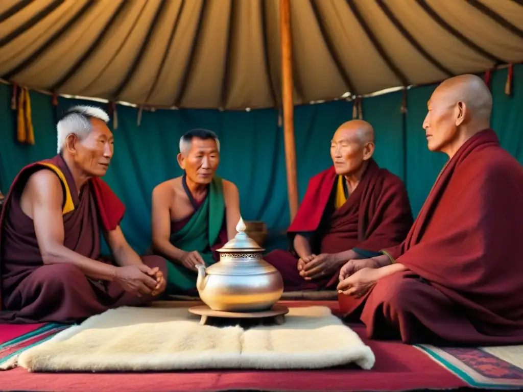 Un grupo de ancianos tibetanos comparten historias en una tienda tradicional, destacando la rica historia de apellidos tibetanos