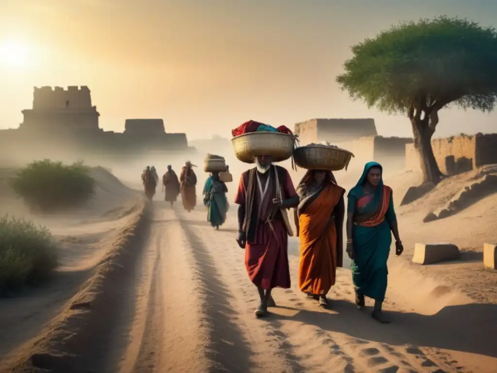 Un grupo de antiguos migrantes cargando sus pertenencias bajo el sol abrasador, evocando historias de migración forzada en la antigüedad