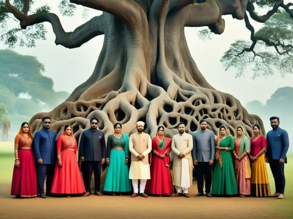 Un grupo diverso viste atuendos tradicionales de Bangladés alrededor de un gran árbol genealógico