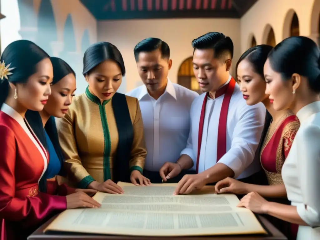 Grupo diverso de filipinos discutiendo frente a documento histórico, reflejando evolución cultural