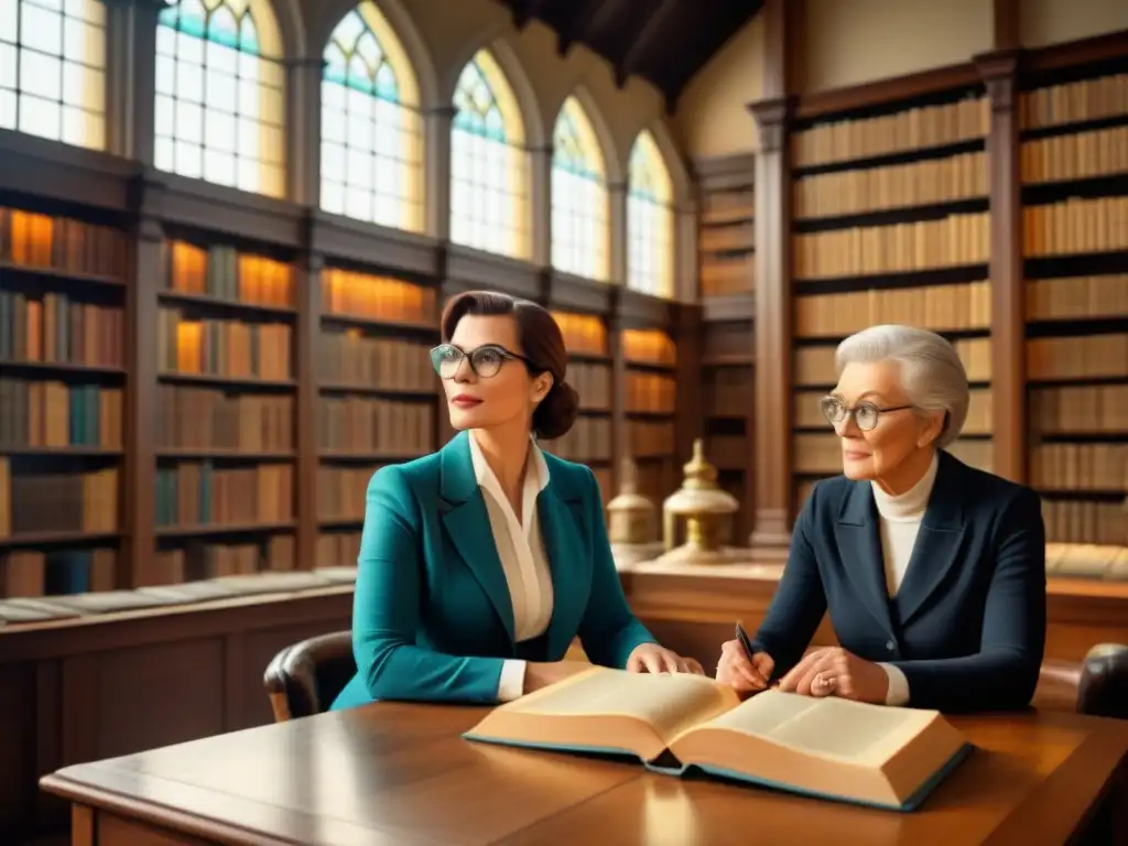 Un grupo diverso escucha atentamente a la genealogista en una biblioteca histórica