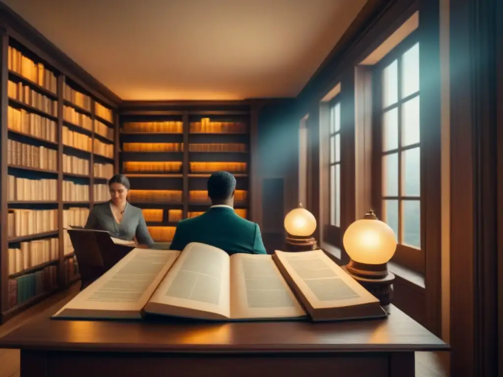 Grupo diverso investigando historia de apellidos en genealogía en acogedora biblioteca vintage