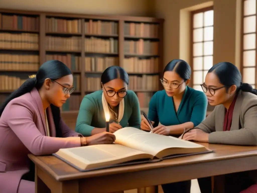 Un grupo diverso investiga historia familiar en una biblioteca acogedora