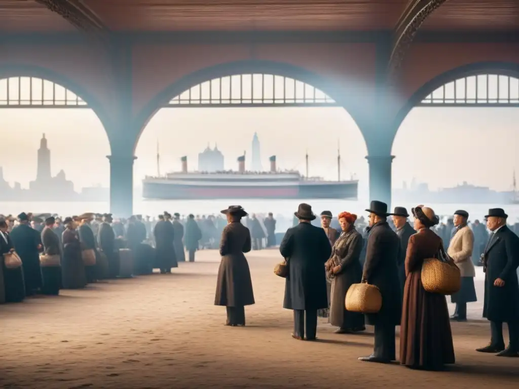 Un grupo diverso de inmigrantes espera en Ellis Island en los años 1900, con expresiones de esperanza