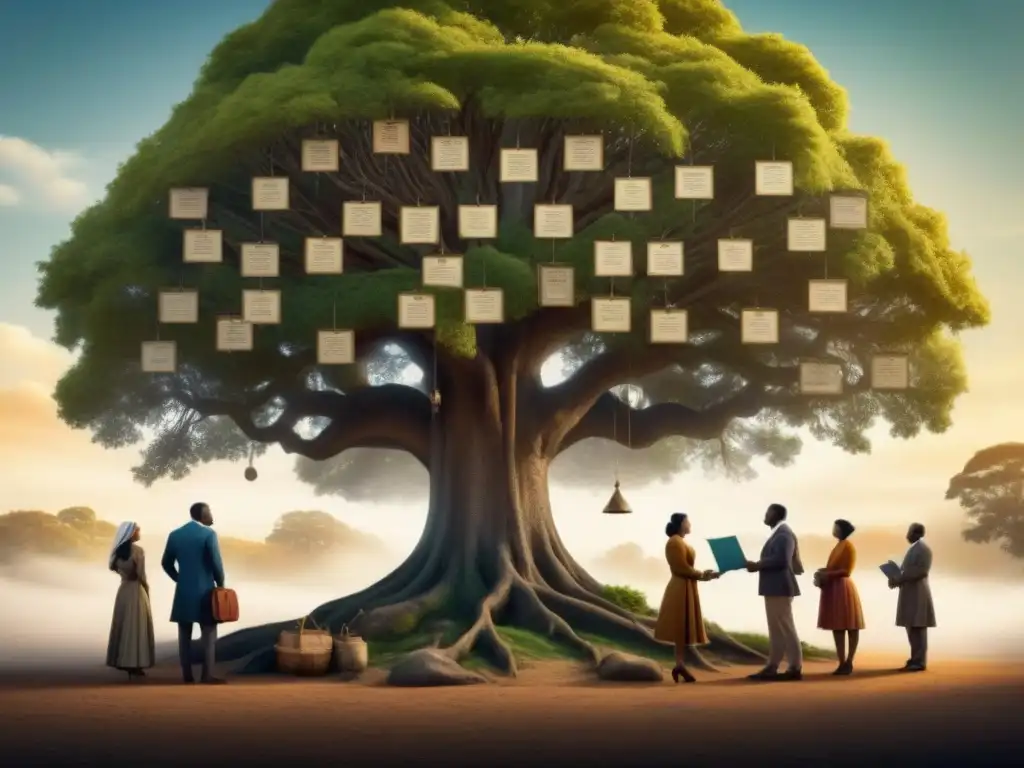 Árbol genealógico histórico: investigando apellidos en la colonia Un grupo diverso de personas investiga el origen y evolución de apellidos en una ilustración detallada y vintage
