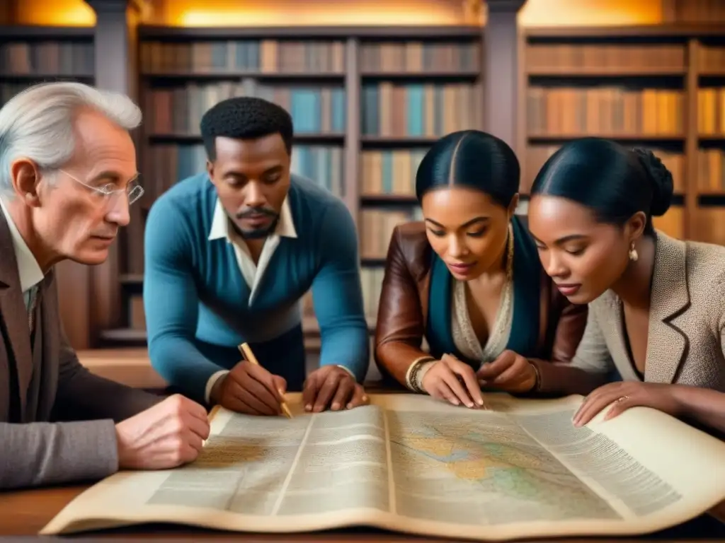 Un grupo diverso de personas descubre sus resultados de ADN ancestral en antiguos pergaminos y mapas, en una biblioteca acogedora