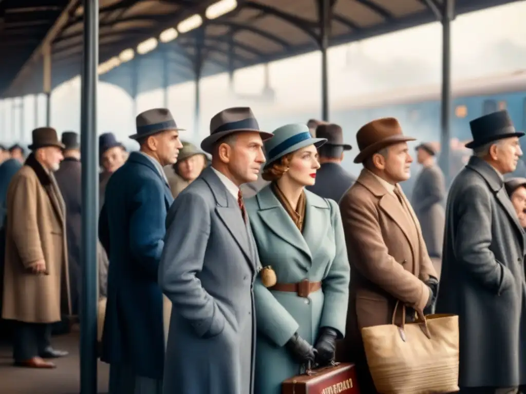 Grupo diverso espera trenes en estación de los años 30, reflejando impacto eventos históricos en genealogía