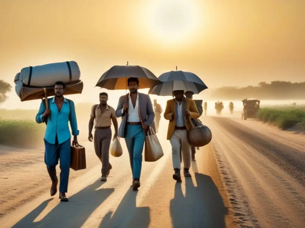 Un grupo diverso de viajeros cansados con apellidos que empiezan con 'M' enfrenta la migración forzada bajo el sol abrasador