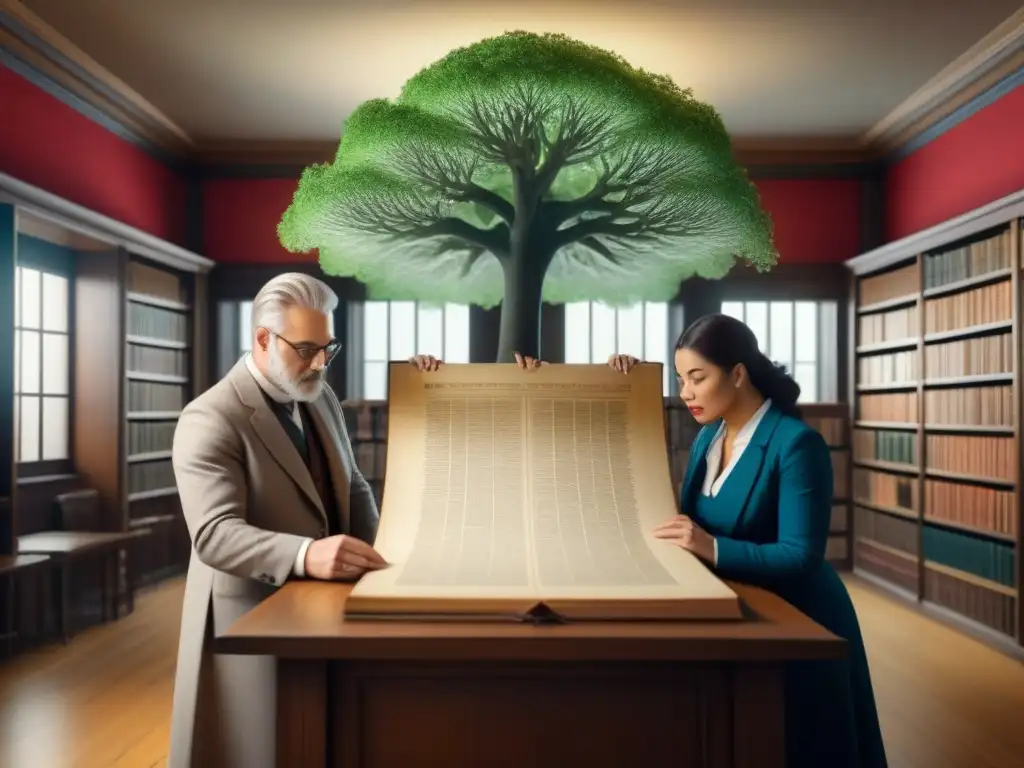 Un grupo de genealogistas examina un árbol genealógico detallado en una biblioteca vintage, rodeados de libros antiguos y pergaminos