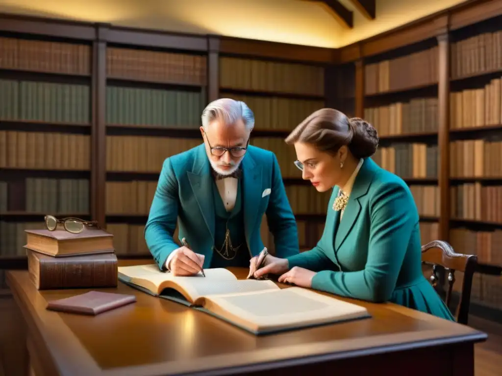 Grupo de genealogistas en biblioteca iluminada por lampara, explorando árbol genealógico