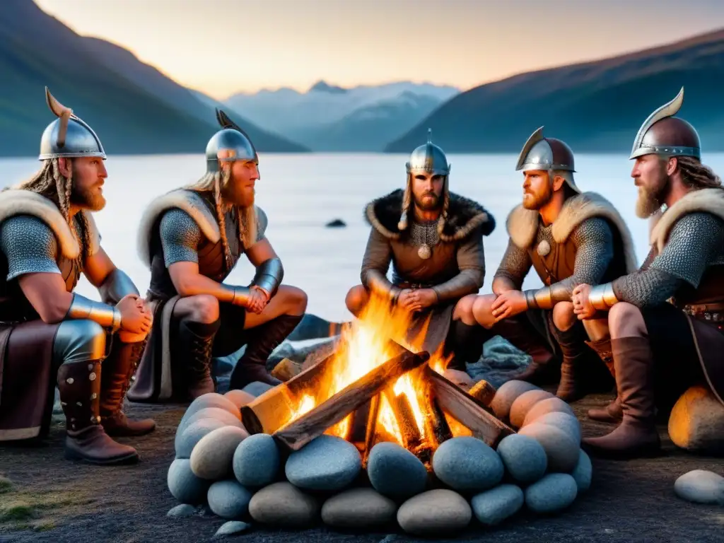 Un grupo de guerreros vikingos alrededor de una fogata, en un paisaje nórdico estrellado