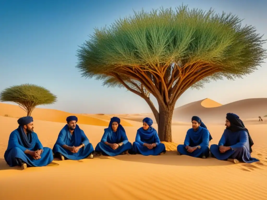 Un grupo de hombres y mujeres Tuareg en el Sahara, vistiendo túnicas azules bajo un árbol