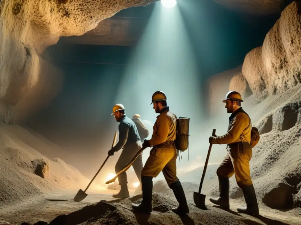 Un grupo de mineros de principios del siglo XX en una mina subterránea, con cascos antiguos y picos