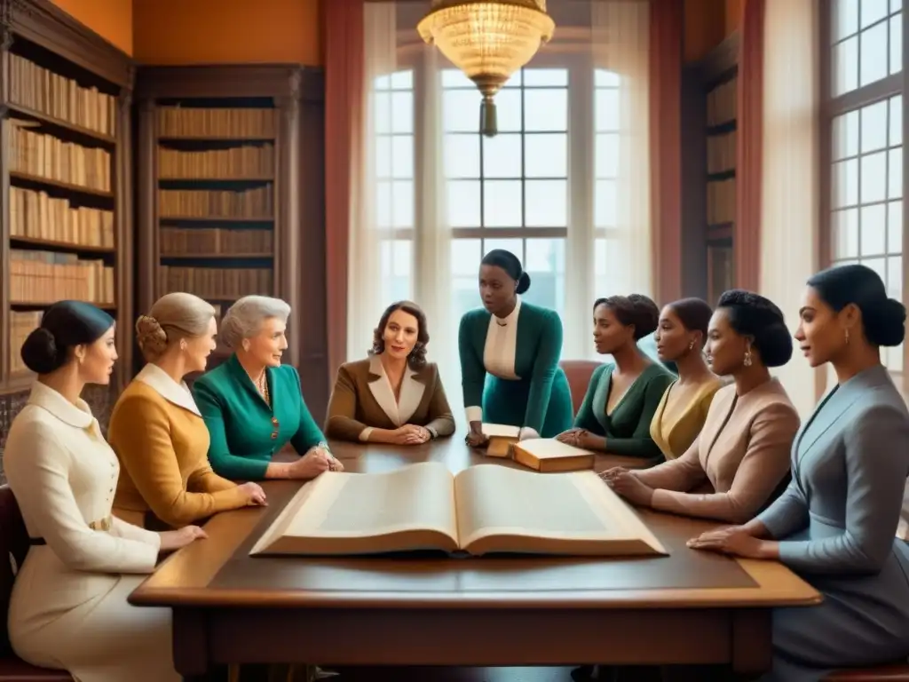 Un grupo de Mujeres con apellidos históricos 'M' discutiendo en una sala vintage ricamente decorada