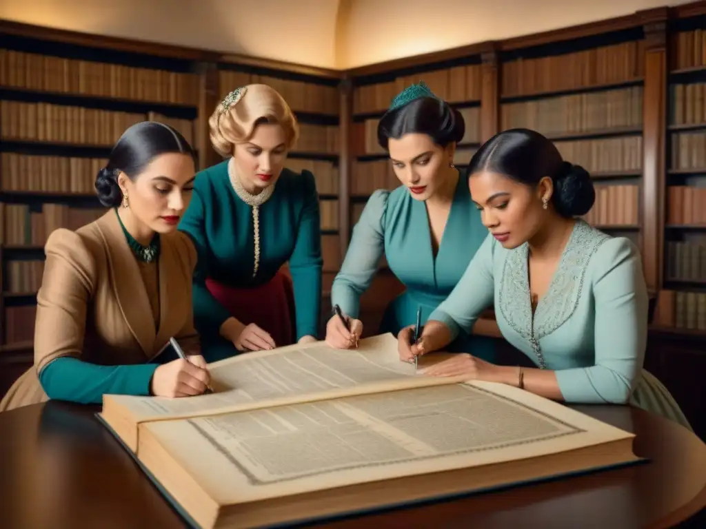 Un grupo de mujeres en atuendos vintage traza linajes femeninos genealogía en una biblioteca acogedora y antigua