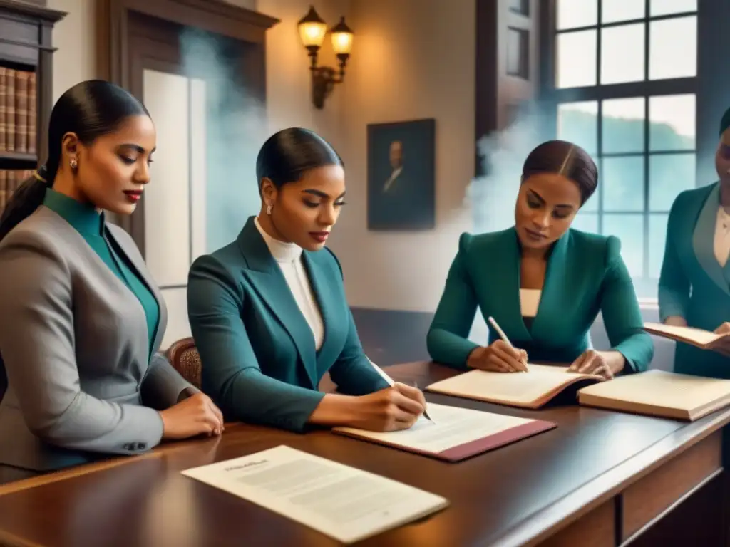 Un grupo de mujeres diversas cambian apellidos con determinación en una oficina de abogados de principios del siglo XX