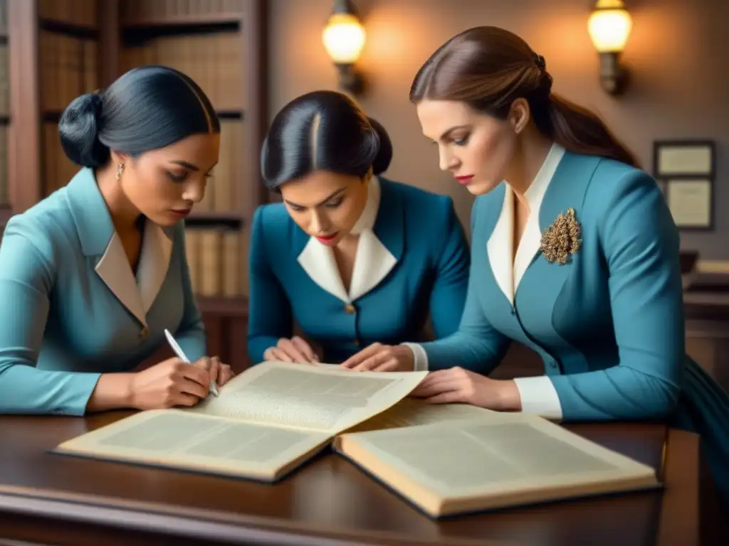 Un grupo de mujeres de distintas épocas trazando linajes femeninos genealogía en un estudio histórico