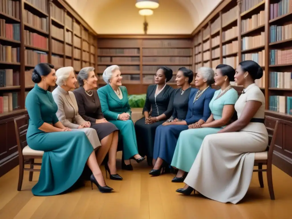 Un grupo de mujeres de diferentes generaciones en profunda conversación en una biblioteca antigua