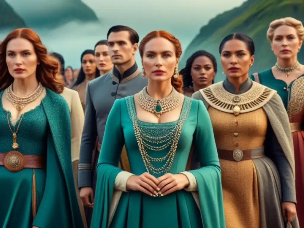 Un grupo de mujeres históricas determinadas, cada una con un objeto simbólico de empoderamiento, en un detallado dibujo vintage