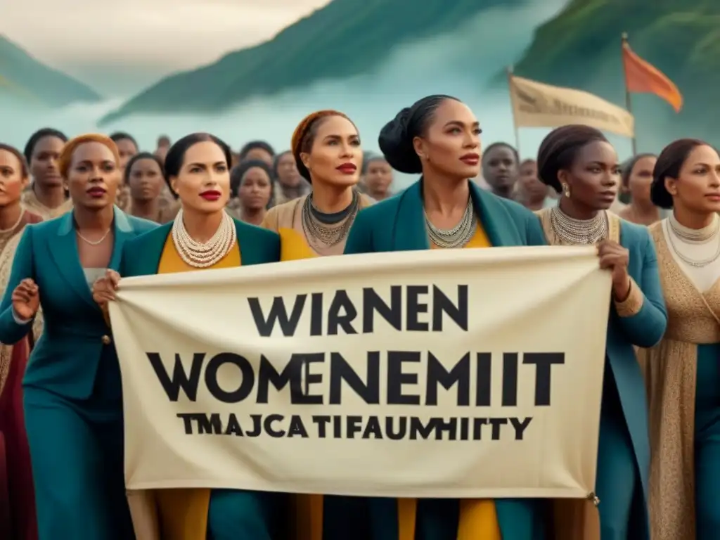 Un grupo de mujeres pioneras de diferentes épocas históricas sostienen pancartas con sus apellidos, reflejando la Historia de apellidos femeninos
