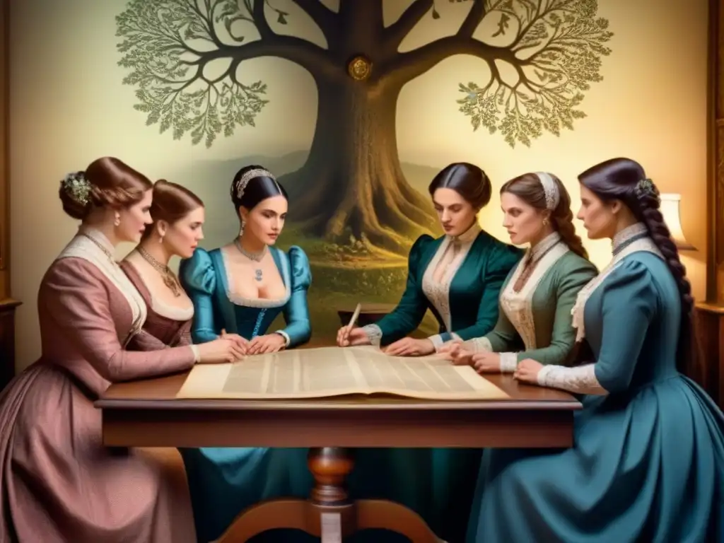 Grupo de mujeres en ropa victoriana examinando un árbol genealógico detallado en una atmósfera ambientada por velas