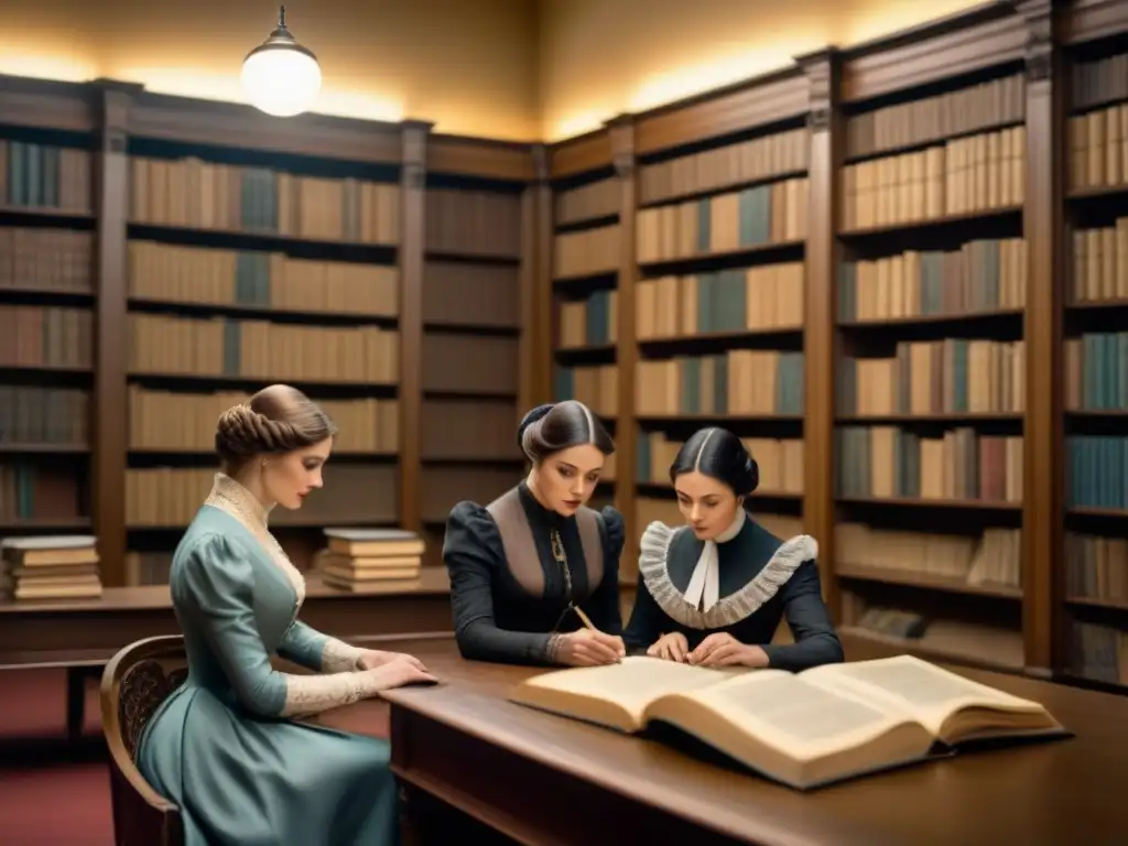 Grupo de mujeres en trajes victorianos trazando linajes femeninos genealogía en biblioteca iluminada