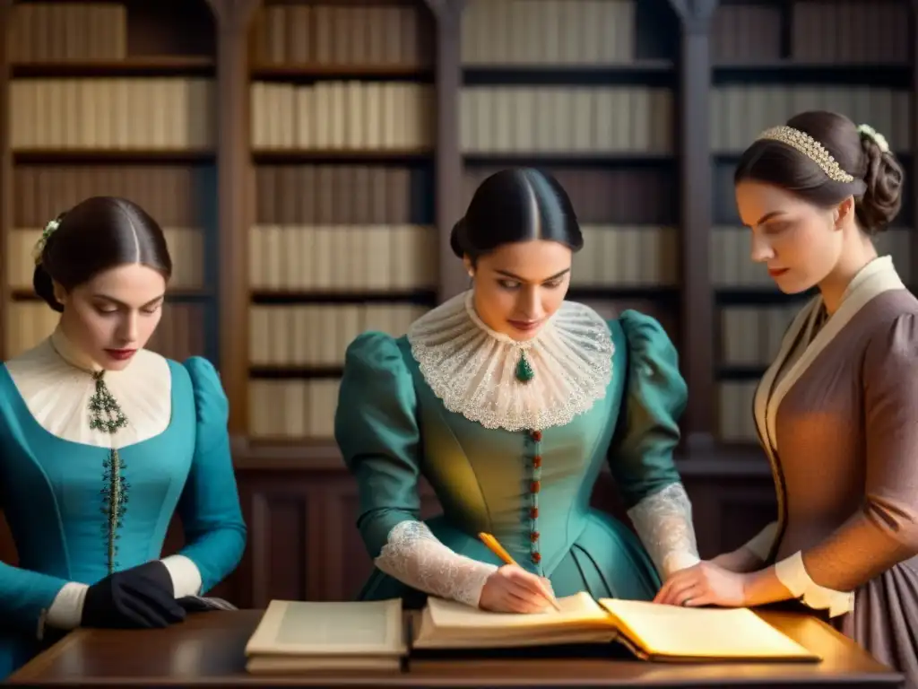 Un grupo de mujeres en vestimenta victoriana examina documentos antiguos en una biblioteca tenue