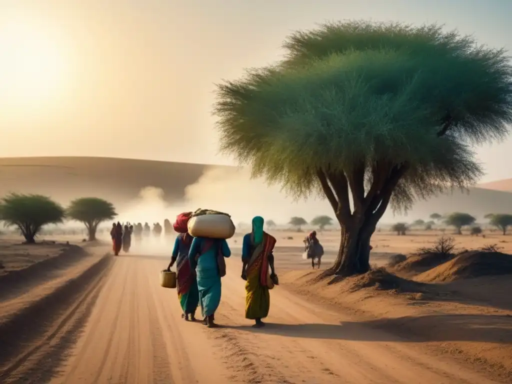 Un grupo de personas camina bajo el sol abrasador, llevando sus pertenencias en una difícil migración forzada