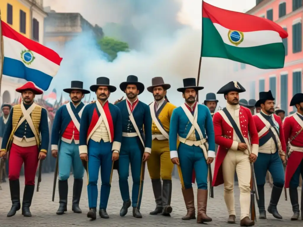 Grupo de revolucionarios latinoamericanos en plaza colonial, luchando por la independencia