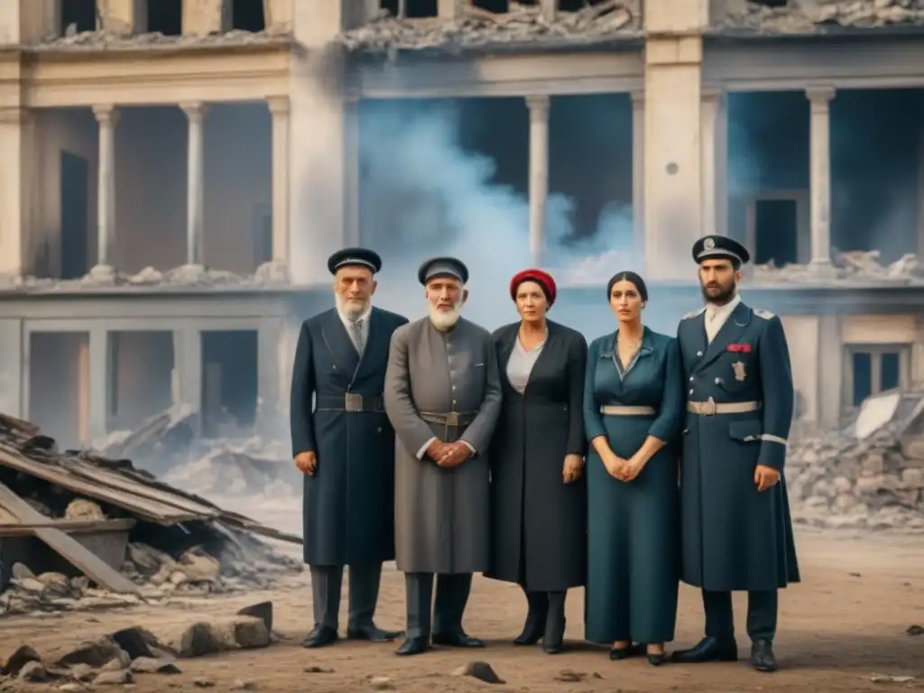 Grupo de sobrevivientes judíos de guerra frente a edificio en ruinas, mostrando origen apellidos judíos guerra y resiliencia histórica