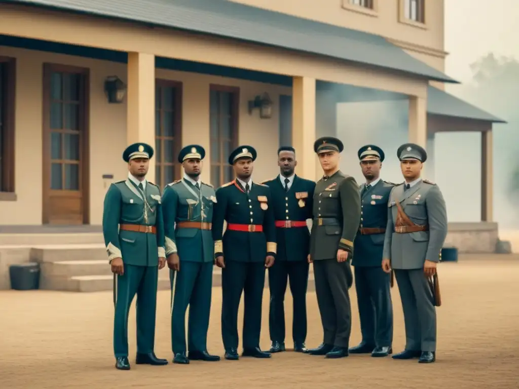 Un grupo de soldados en uniforme frente a un cuartel militar con la insignia 'M'