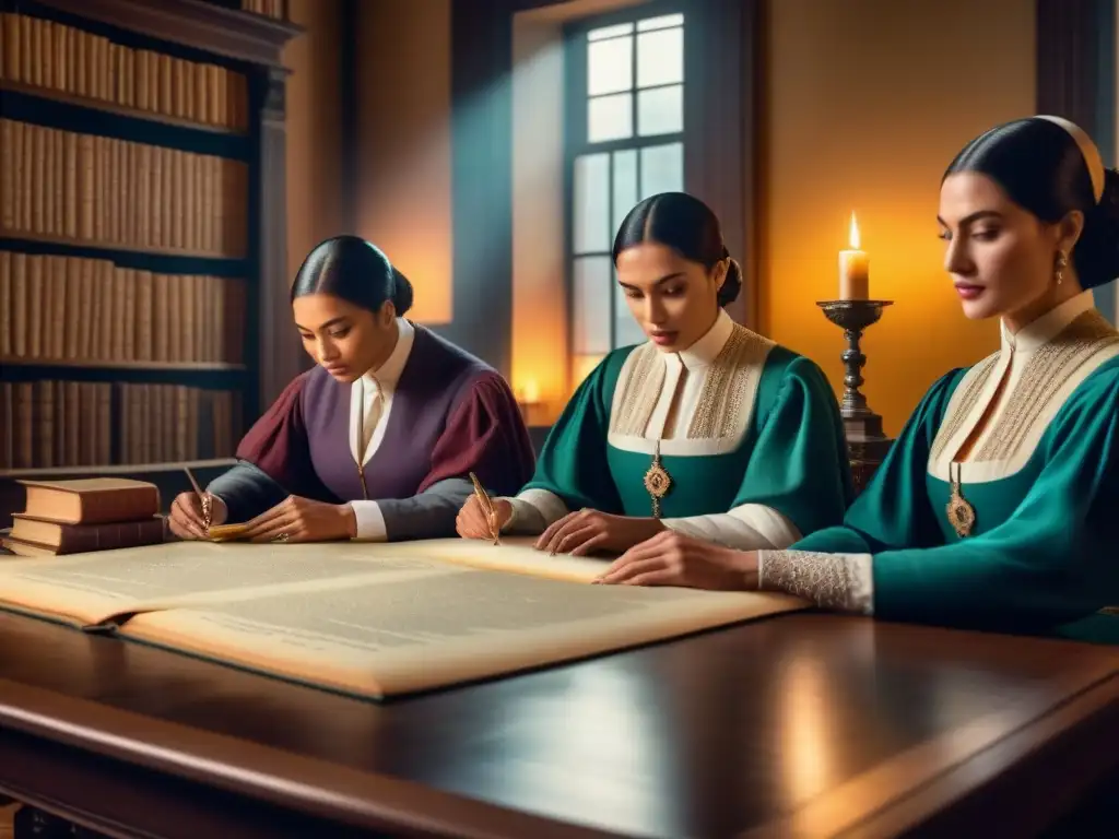 Un grupo en trajes históricos examina testamentos antiguos en una biblioteca iluminada por velas