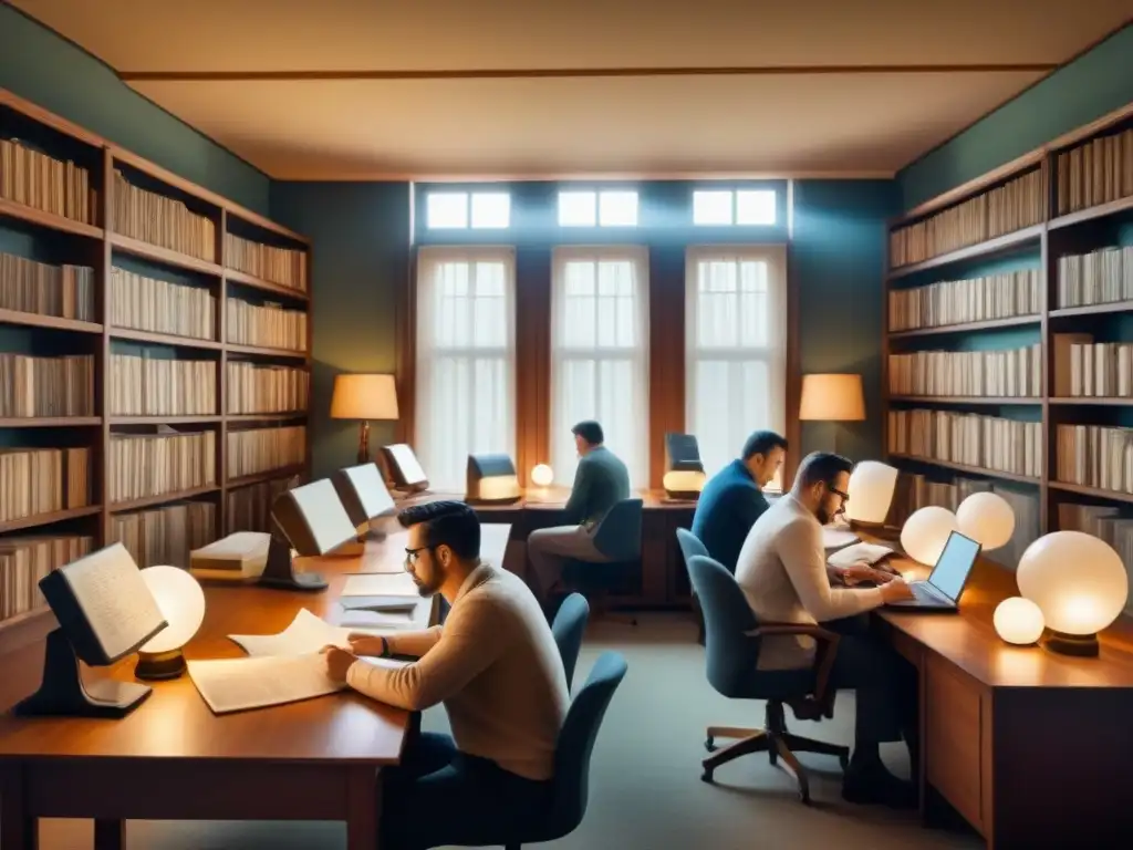 Grupo variado investiga genealogía en biblioteca acogedora con libros antiguos y globos terráqueos vintage