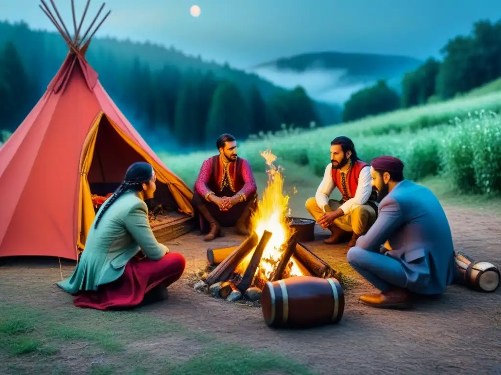 Grupo de viajeros medievales gitanos alrededor de fogata bajo cielo estrellado en bosque