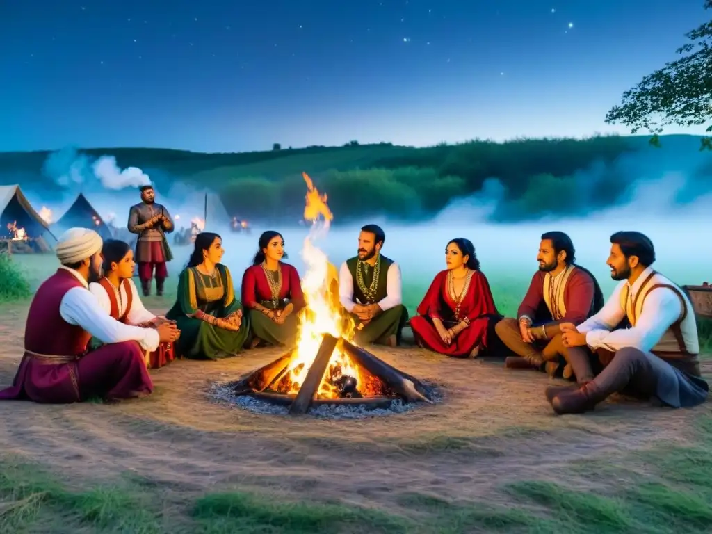 Un grupo de viajeros medievales gitanos alrededor de una fogata bajo un cielo estrellado en la Edad Media