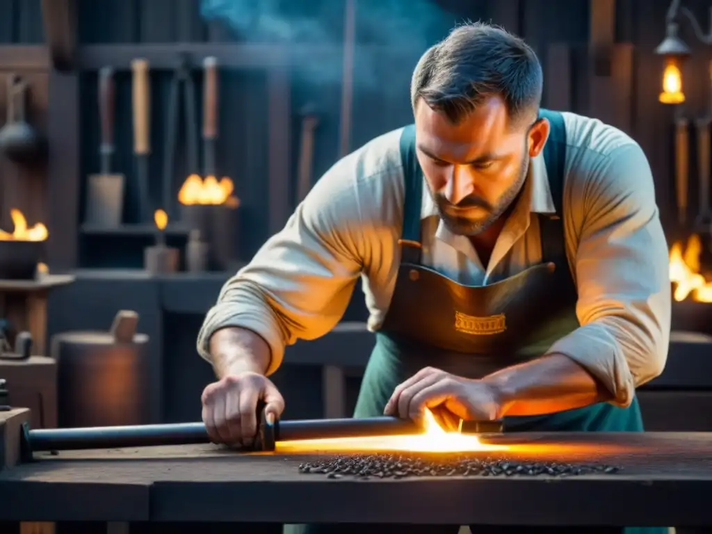 Un habilidoso herrero forja con precisión una cerradura ornamental en su taller iluminado por velas