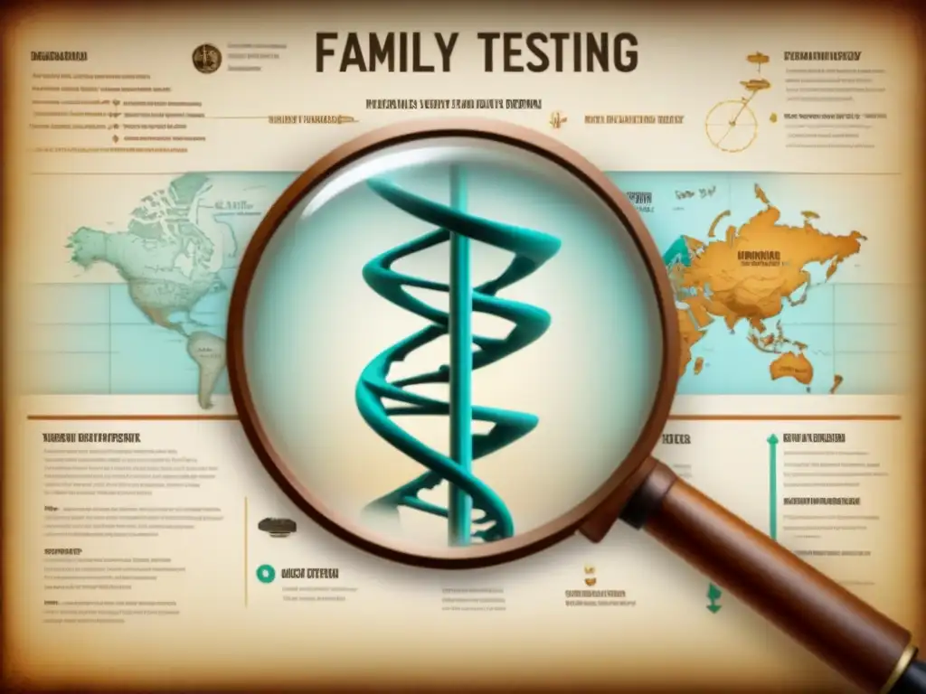 Descubre herencias desconocidas con ADN: ilustración detallada de una lupa sobre ADN, fotos familiares antiguas y equipo de pruebas genéticas