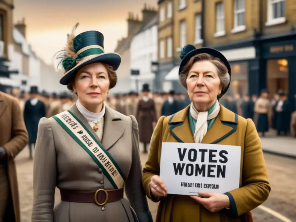 Dos hermanas Pankhurst luchan por los derechos de las mujeres en el Londres del siglo XX, rodeadas de una multitud diversa