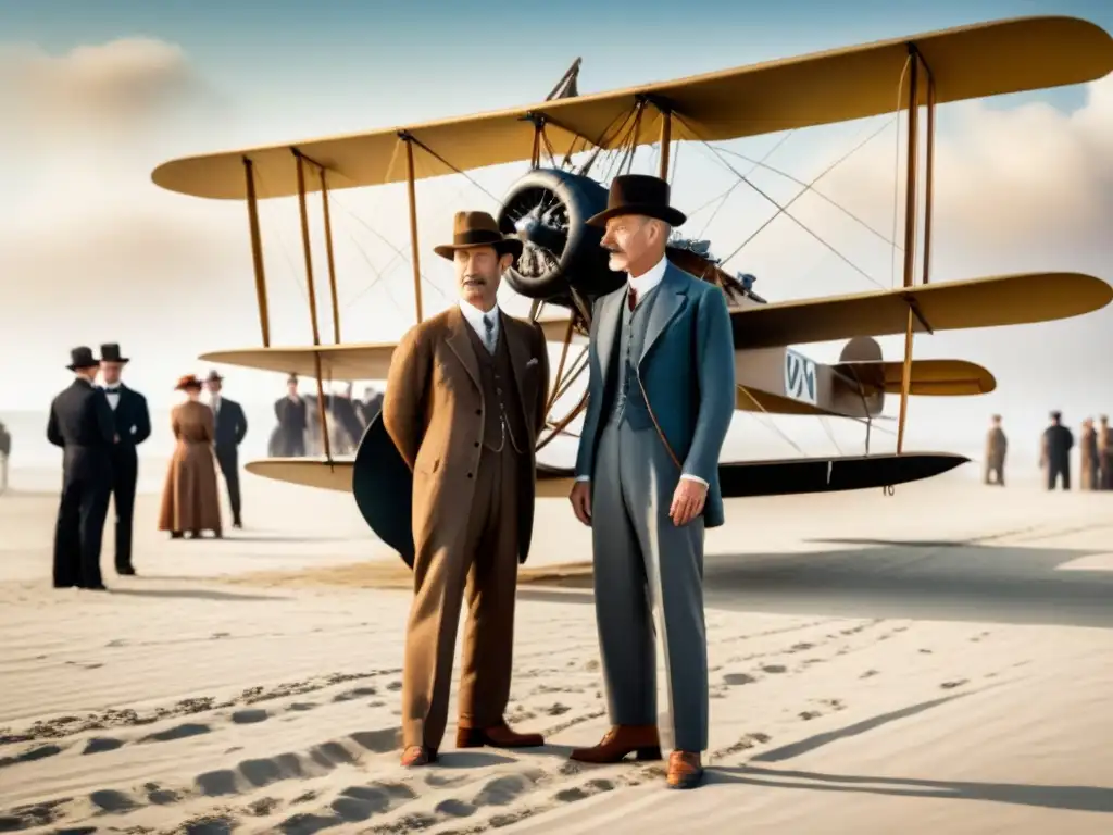 Los hermanos Wright junto a su avión, el 'Wright Flyer', en la playa